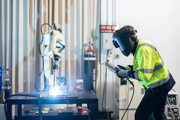Automation engineer programming a welding robot with a teach pendant