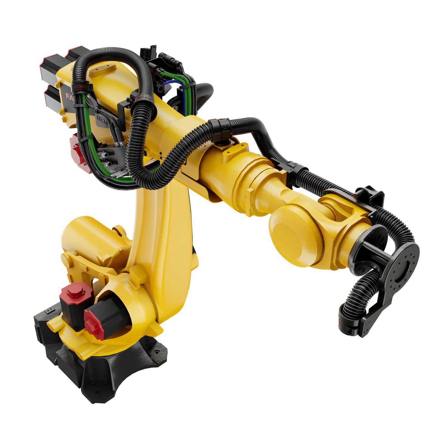 Robot with a complete Becker dress pack, seen from above — studio render